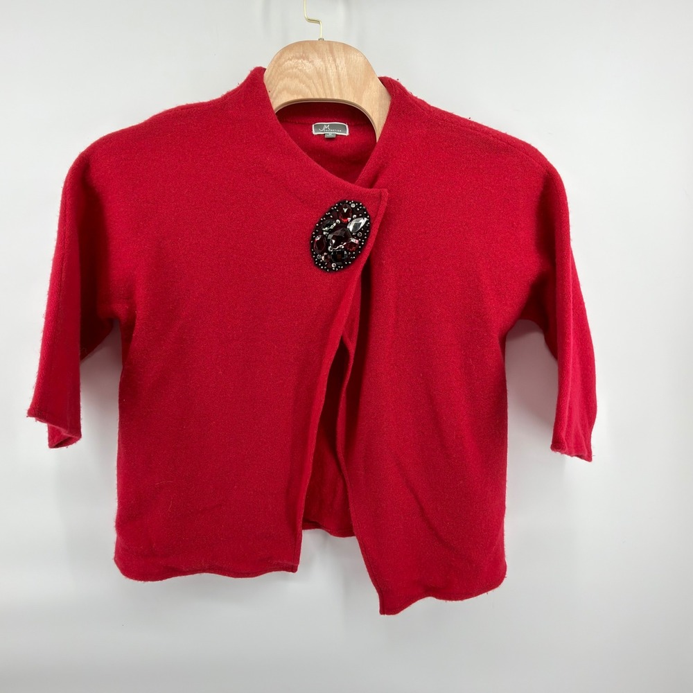 JM Collection Cardigan Womens Medium Red Wool Jewel Embellished Cropped Sweater